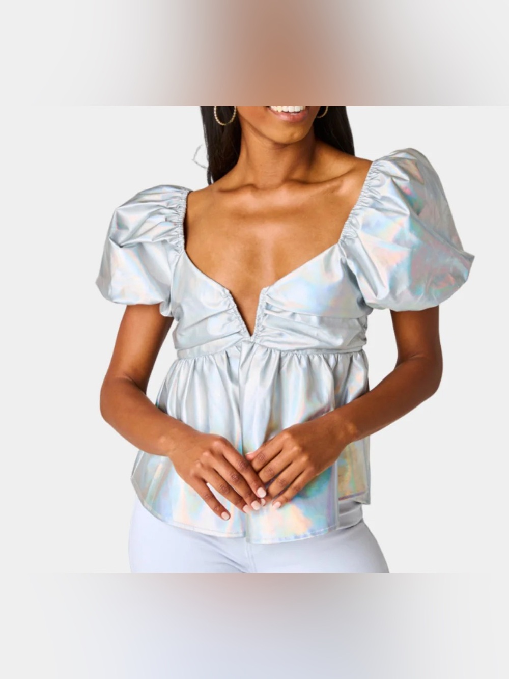 Iridescent Puff Sleeve V-Neck Peplum Top - Silver Holographic